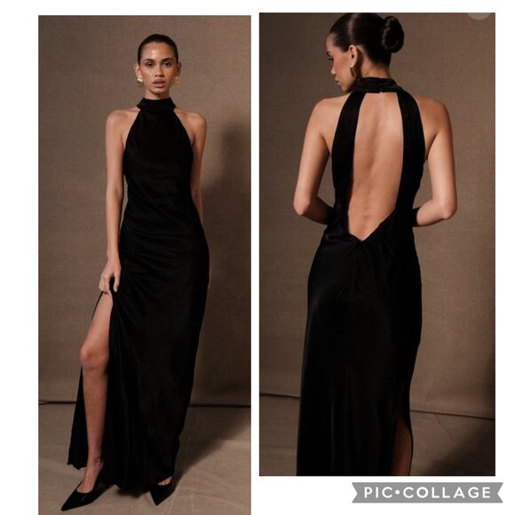 Meshki Dresses & Skirts - MESHKI Claire Satin Drape Open Back Maxi Dress Gown Black Size XS Cocktail Party